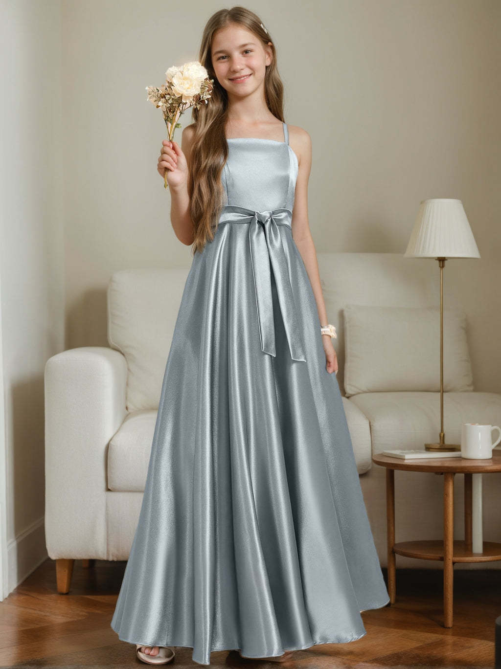 Spaghetti Strap Sleeveless Junior Bridesmaid A-line/Princess Dress with Sash