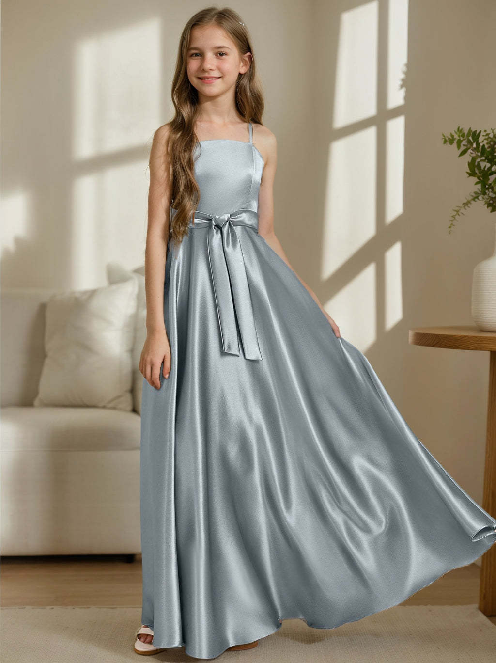 Spaghetti Strap Sleeveless Junior Bridesmaid A-line/Princess Dress with Sash