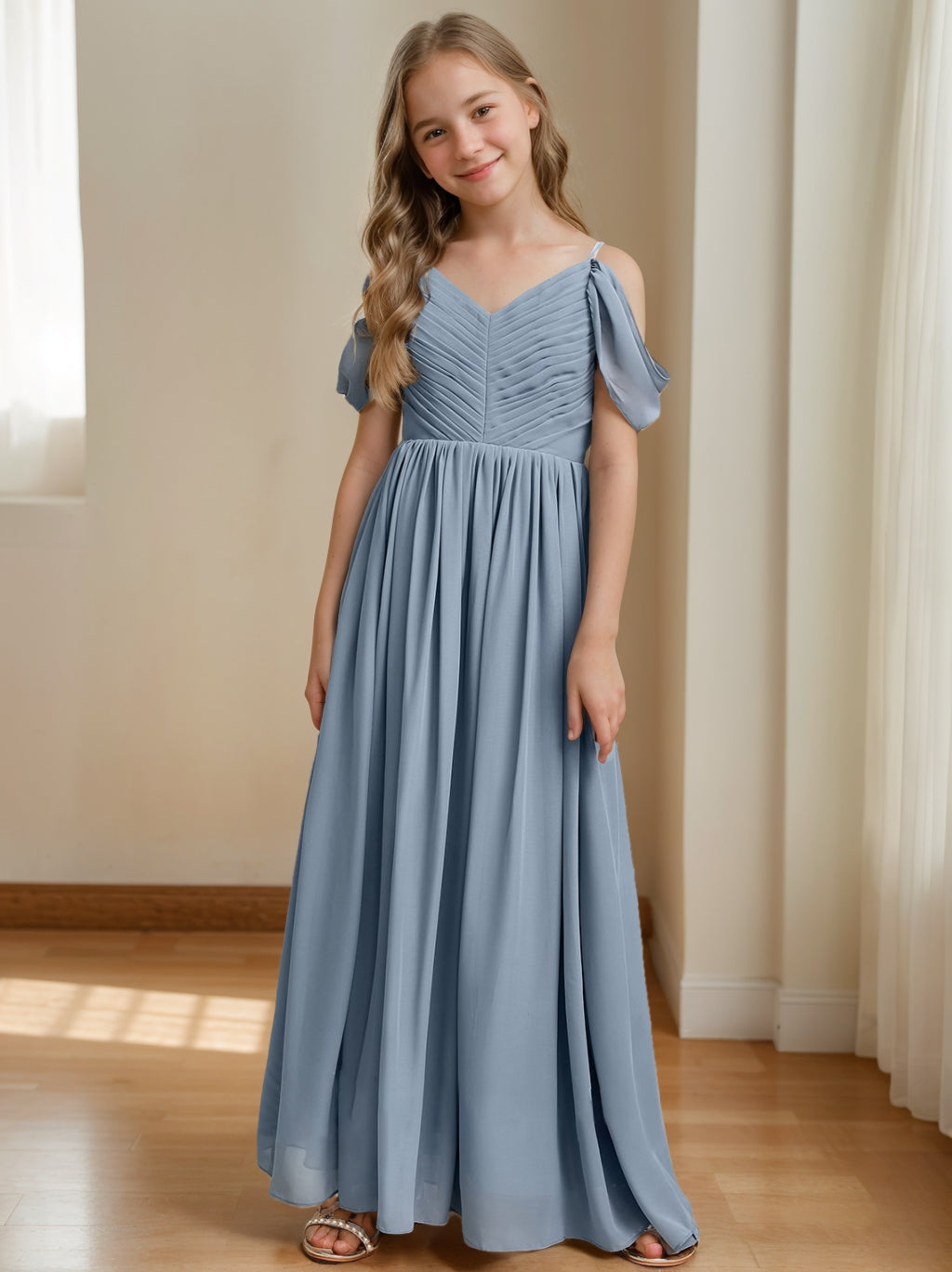 Off-the-Shoulder V-Neck A-line/Princess Junior Bridesmaid Dress with Pleats