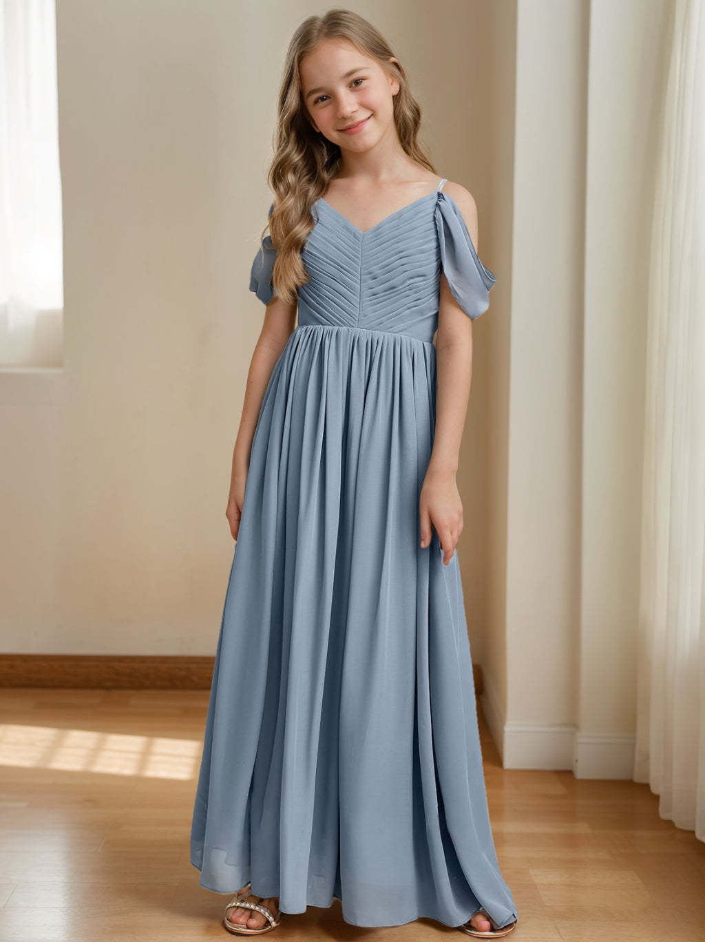 Off-the-Shoulder V-Neck A-line/Princess Junior Bridesmaid Dress with Pleats