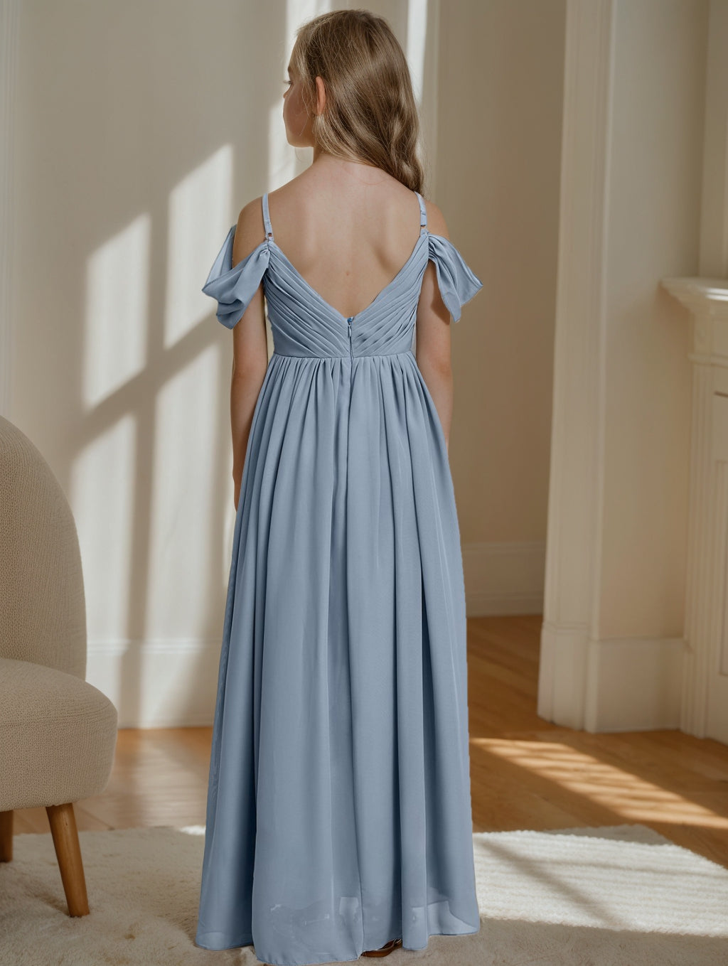 Off-the-Shoulder V-Neck A-line/Princess Junior Bridesmaid Dress with Pleats