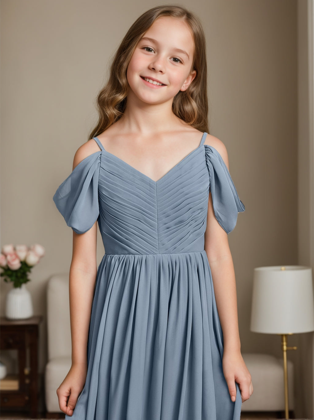 Off-the-Shoulder V-Neck A-line/Princess Junior Bridesmaid Dress with Pleats