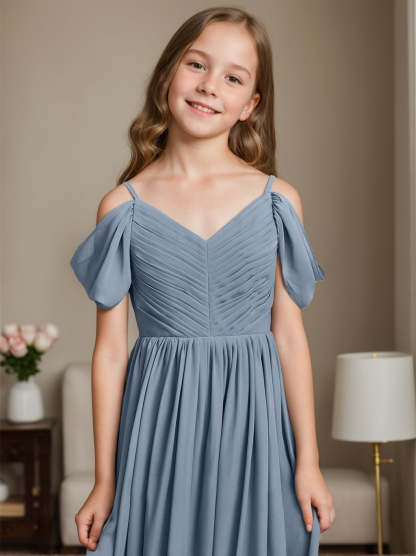 Off-the-Shoulder V-Neck A-line/Princess Junior Bridesmaid Dress with Pleats