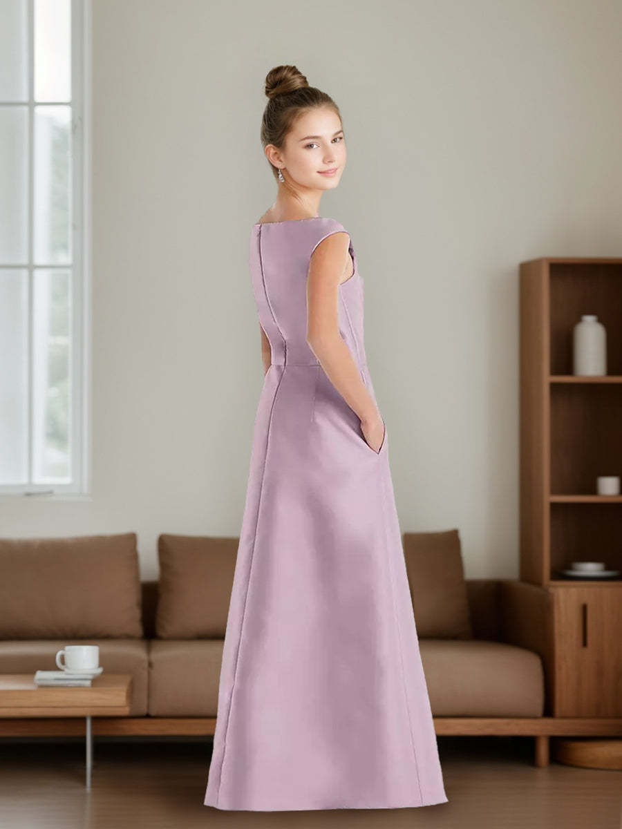 V-neck Princess A-line Floor-Length Junior Bridesmaid Dresses with Ruched Details and Pockets