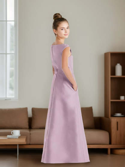 V-neck Princess A-line Floor-Length Junior Bridesmaid Dresses with Ruched Details and Pockets