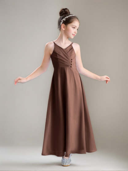 Princess A-Line Spaghetti Strap V-Neck Ruched Ankle-Length Junior Bridesmaid Gown