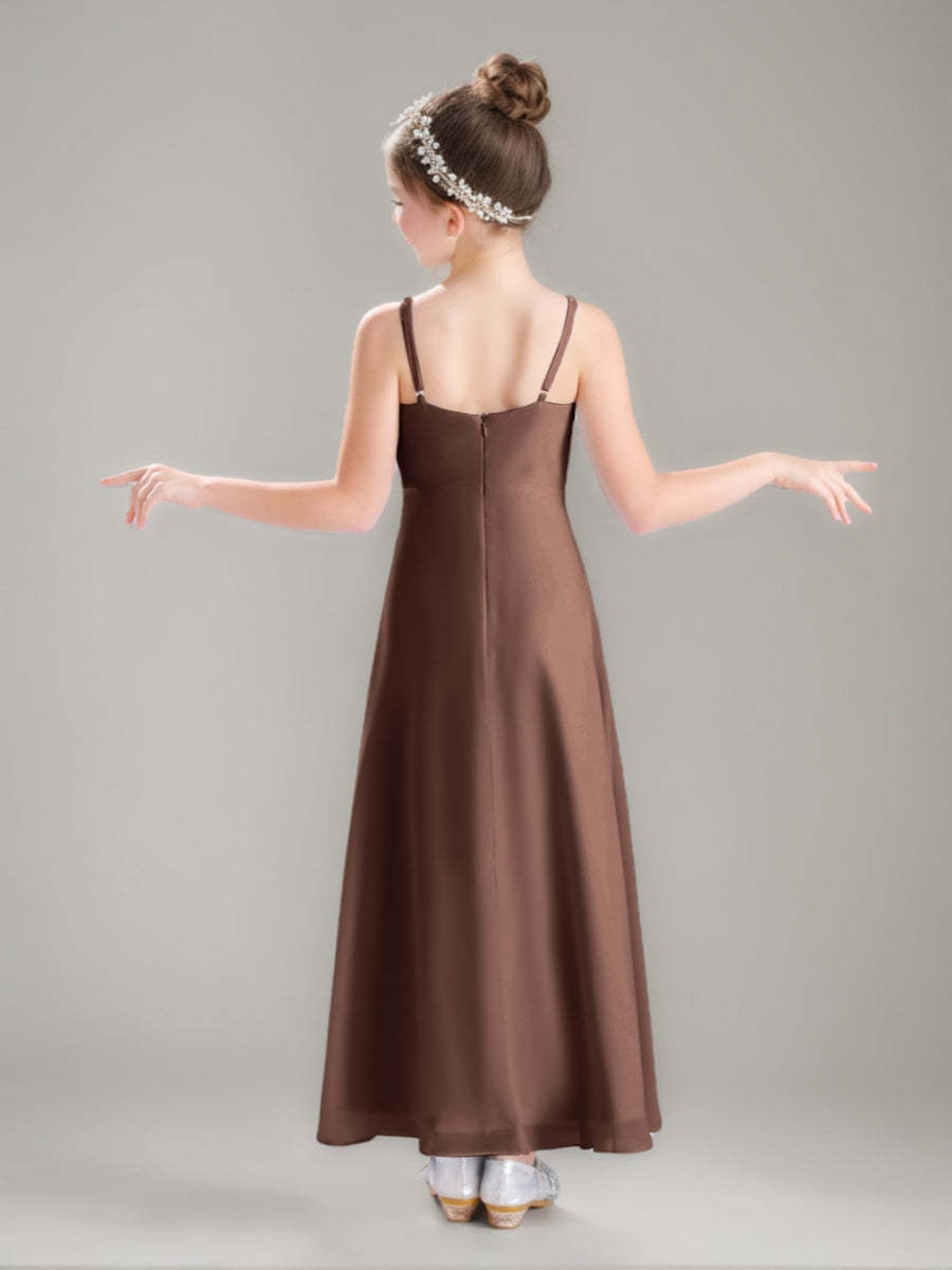 Princess A-Line Spaghetti Strap V-Neck Ruched Ankle-Length Junior Bridesmaid Gown