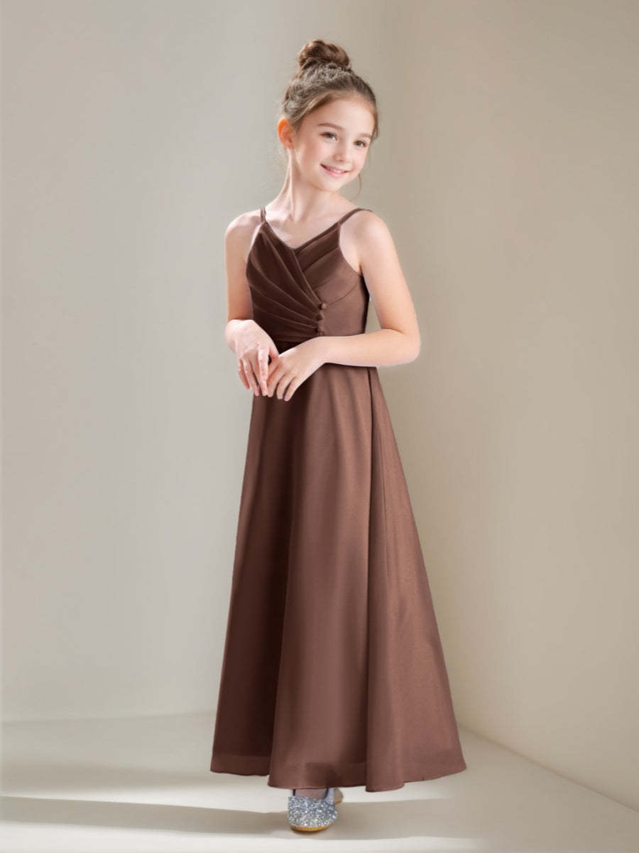 Princess A-Line Spaghetti Strap V-Neck Ruched Ankle-Length Junior Bridesmaid Gown