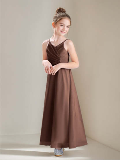 Princess A-Line Spaghetti Strap V-Neck Ruched Ankle-Length Junior Bridesmaid Gown