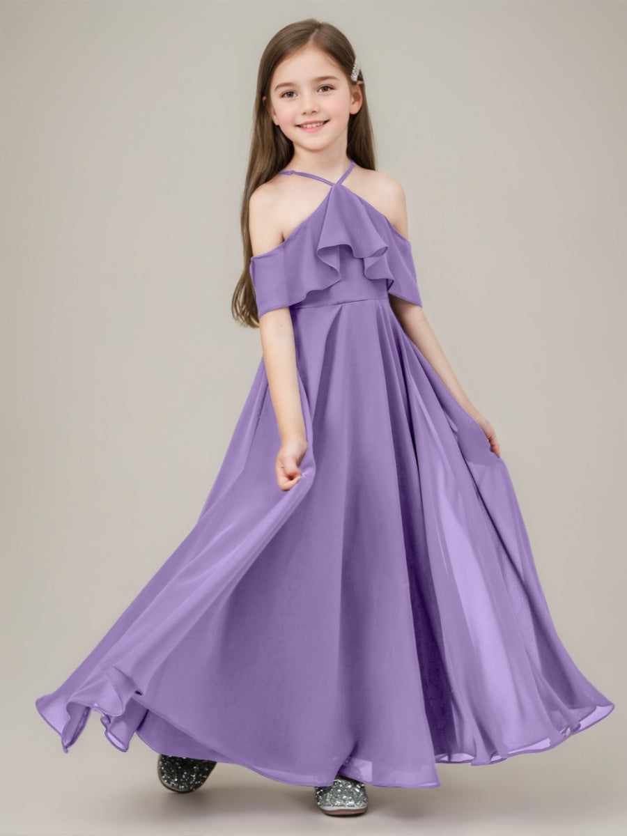 Floor-Length A-Line Junior Bridesmaid Dresses with Ruffles and Princess Halter