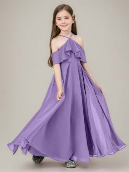 Floor-Length A-Line Junior Bridesmaid Dresses with Ruffles and Princess Halter