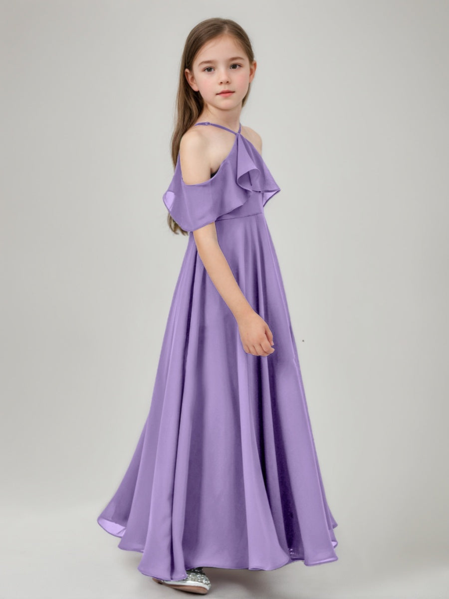 Floor-Length A-Line Junior Bridesmaid Dresses with Ruffles and Princess Halter