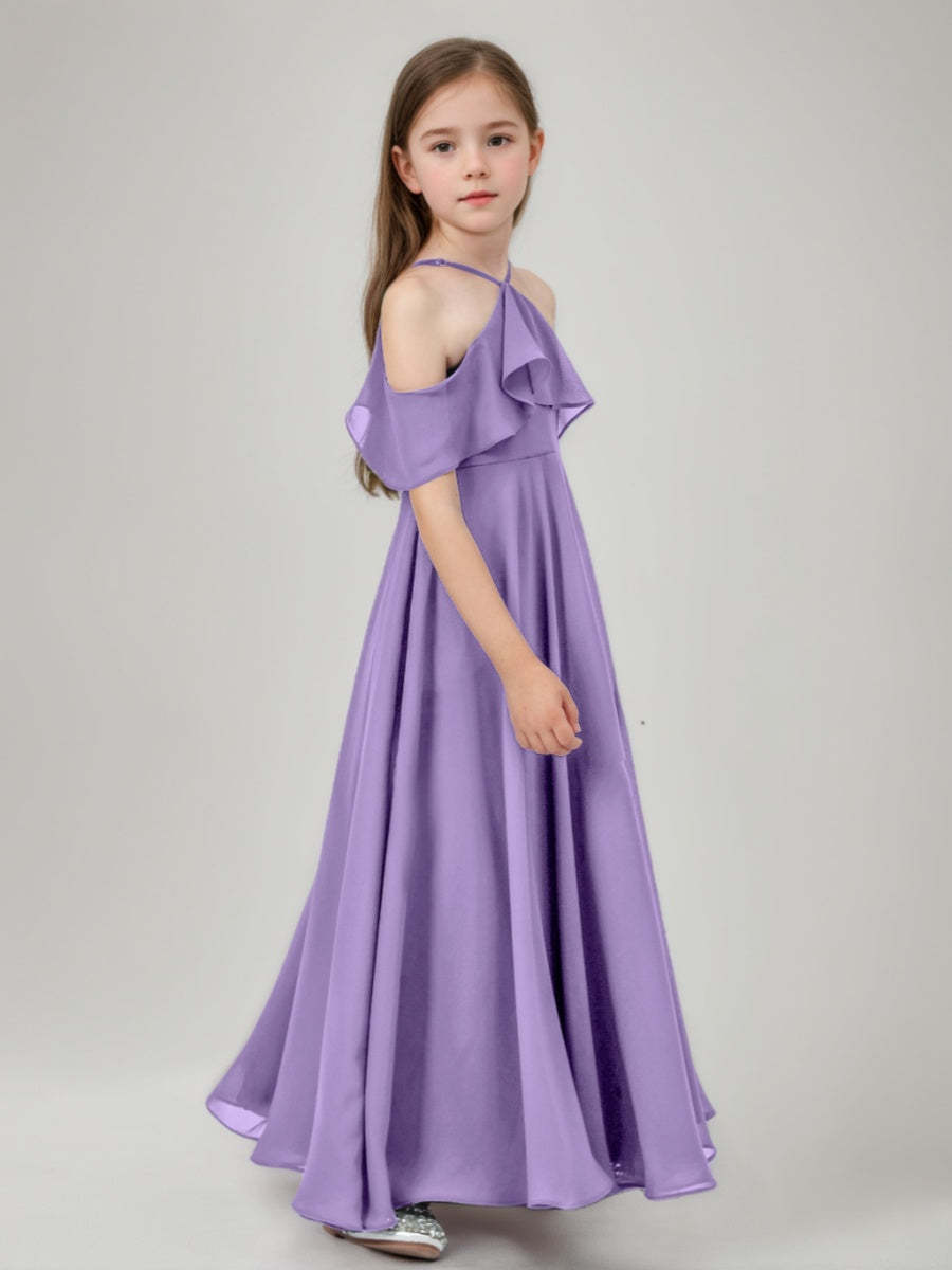 Floor-Length A-Line Junior Bridesmaid Dresses with Ruffles and Princess Halter