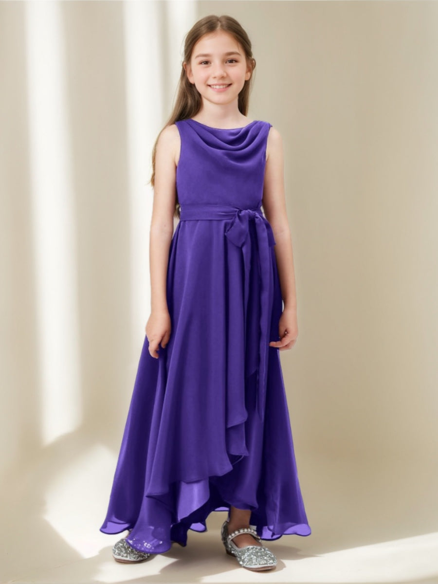 Asymmetrical Sleeveless Junior Bridesmaid A-line Dress with Cowl Neck Ruffles & Bowknot