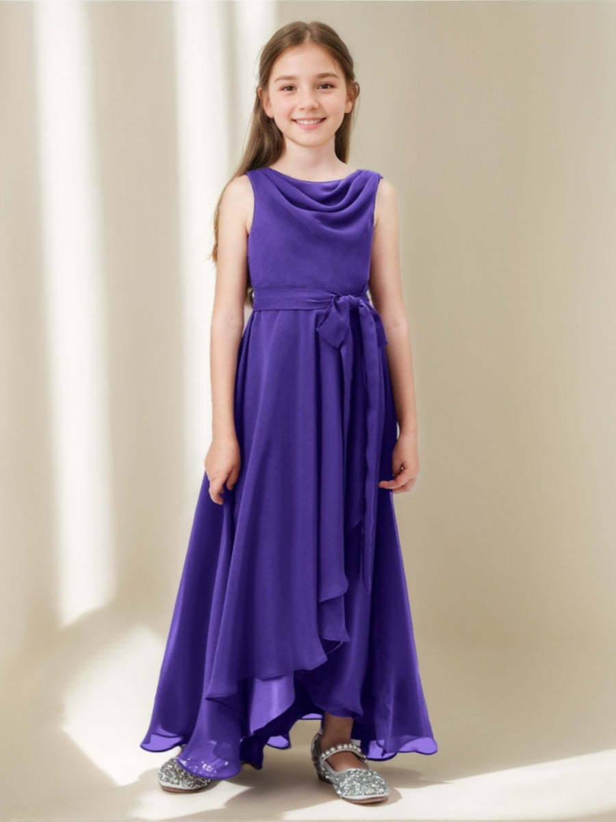 Asymmetrical Sleeveless Junior Bridesmaid A-line Dress with Cowl Neck Ruffles & Bowknot