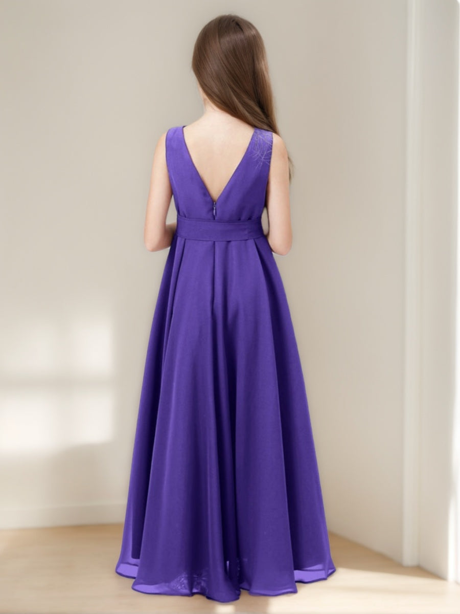 Asymmetrical Sleeveless Junior Bridesmaid A-line Dress with Cowl Neck Ruffles & Bowknot
