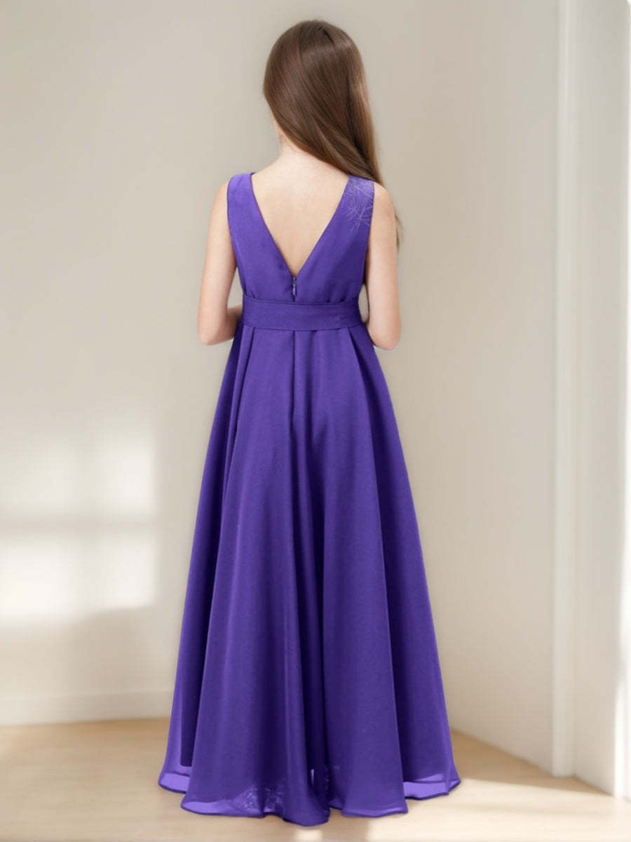 Asymmetrical Sleeveless Junior Bridesmaid A-line Dress with Cowl Neck Ruffles & Bowknot