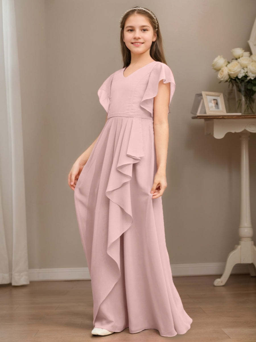 V-neck A-line Princess Short Sleeve Floor-Length Junior Bridesmaid Dress with Ruffles and Ruched Details-BMbridal.UK