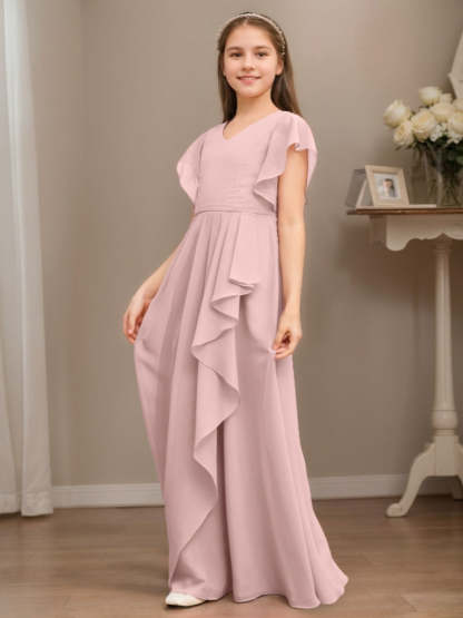 V-neck A-line Princess Short Sleeve Floor-Length Junior Bridesmaid Dress with Ruffles and Ruched Details-BMbridal.UK