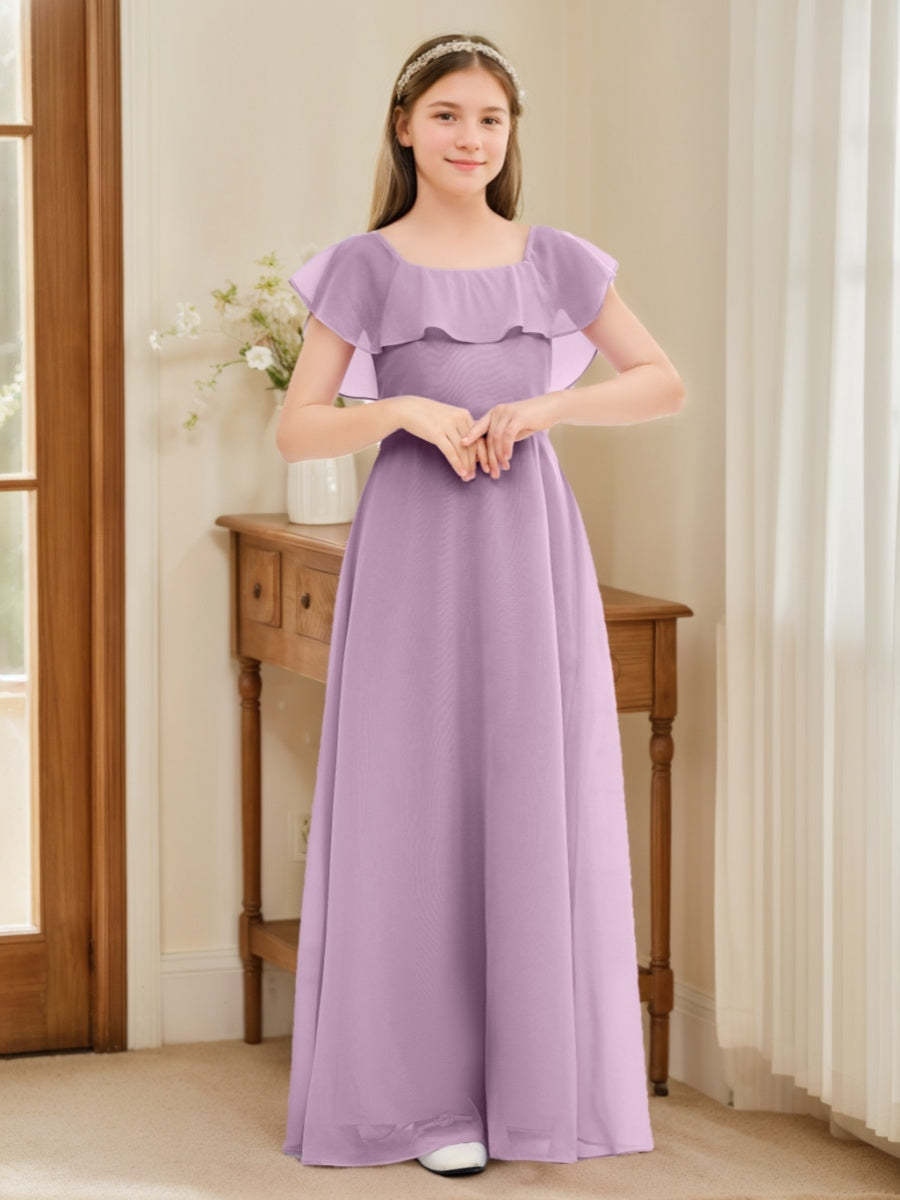 Junior Bridesmaid A-Line Princess Dresses with Scoop Neck Short Sleeves and Ruffles Floor-Length