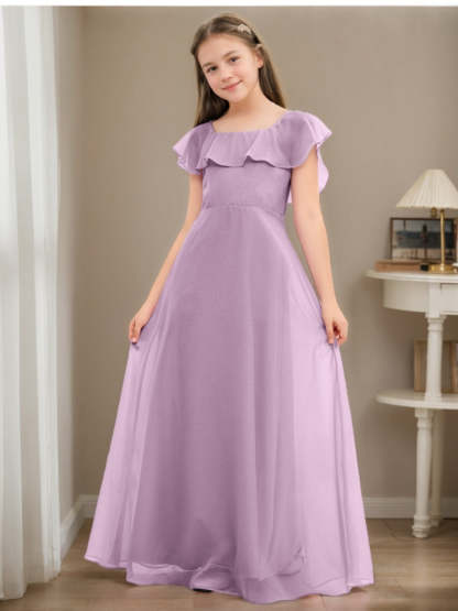 Junior Bridesmaid A-Line Princess Dresses with Scoop Neck Short Sleeves and Ruffles Floor-Length
