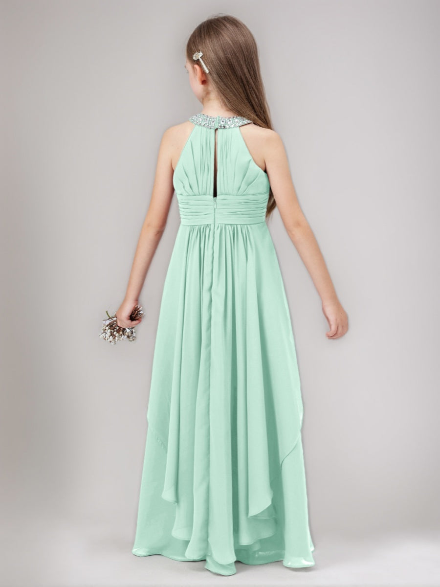Princess A-line Halter Junior Bridesmaid Dresses with Beaded Ruffles and Ruched Floor-Length Design