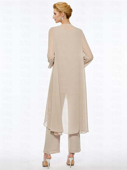 Ankle-Length Mother of the Bride Pantsuits with Jacket in Chiffon Round Neck and 3/4 Sleeves