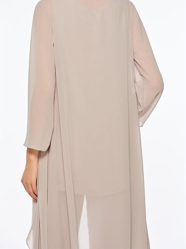 Ankle-Length Mother of the Bride Pantsuits with Jacket in Chiffon Round Neck and 3/4 Sleeves