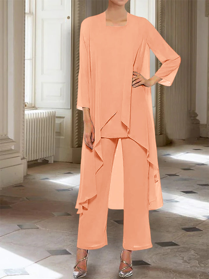 Ankle-Length Mother of the Bride Pantsuits with Jacket in Chiffon Round Neck and 3/4 Sleeves
