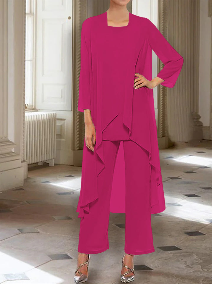 Ankle-Length Mother of the Bride Pantsuits with Jacket in Chiffon Round Neck and 3/4 Sleeves