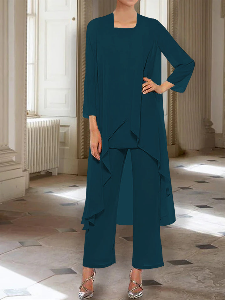 Ankle-Length Mother of the Bride Pantsuits with Jacket in Chiffon Round Neck and 3/4 Sleeves
