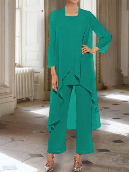 Ankle-Length Mother of the Bride Pantsuits with Jacket in Chiffon Round Neck and 3/4 Sleeves