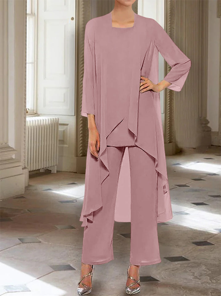 Ankle-Length Mother of the Bride Pantsuits with Jacket in Chiffon Round Neck and 3/4 Sleeves