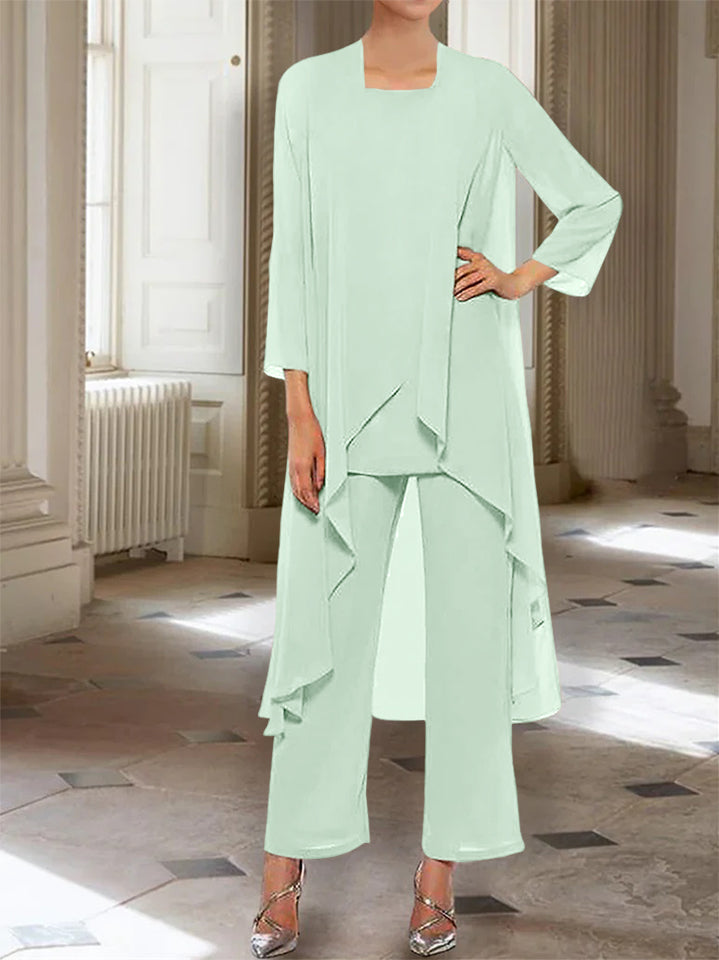 Ankle-Length Mother of the Bride Pantsuits with Jacket in Chiffon Round Neck and 3/4 Sleeves