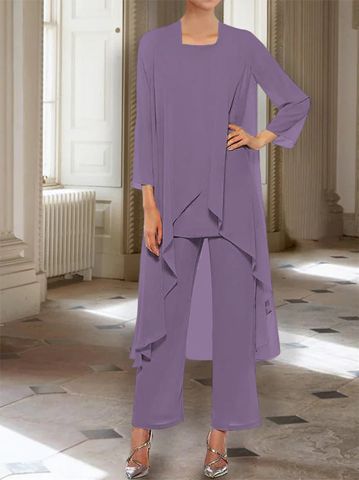 Ankle-Length Mother of the Bride Pantsuits with Jacket in Chiffon Round Neck and 3/4 Sleeves
