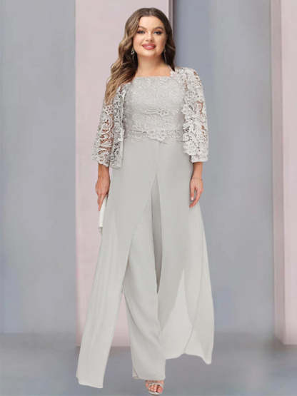Floor-Length Square Neck Chiffon Mother of the Bride Pantsuit with Jacket & Side Split