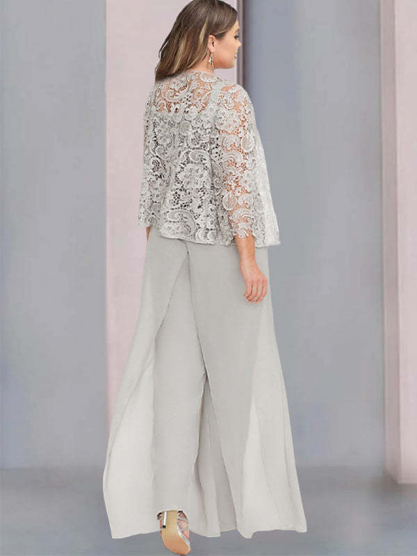 Floor-Length Square Neck Chiffon Mother of the Bride Pantsuit with Jacket & Side Split