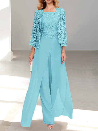 Floor-Length Square Neck Chiffon Mother of the Bride Pantsuit with Jacket & Side Split