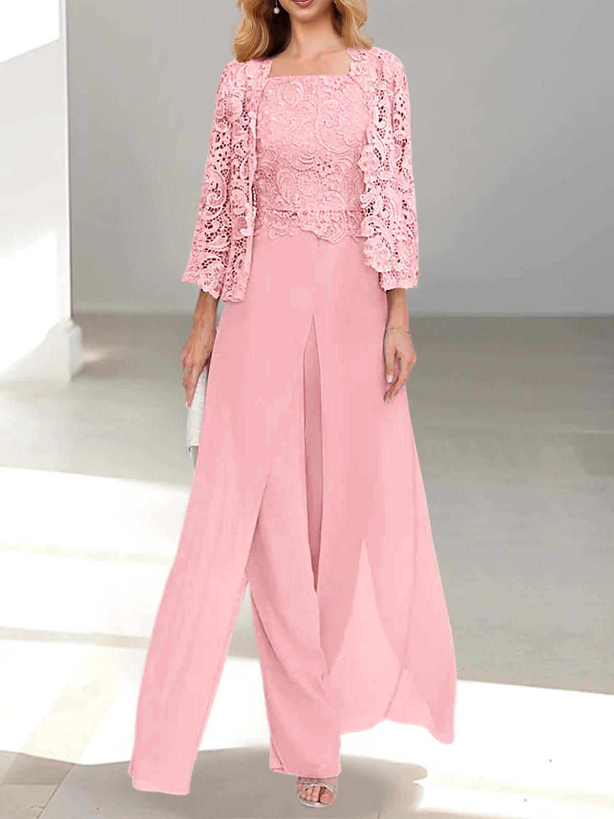Floor-Length Square Neck Chiffon Mother of the Bride Pantsuit with Jacket & Side Split