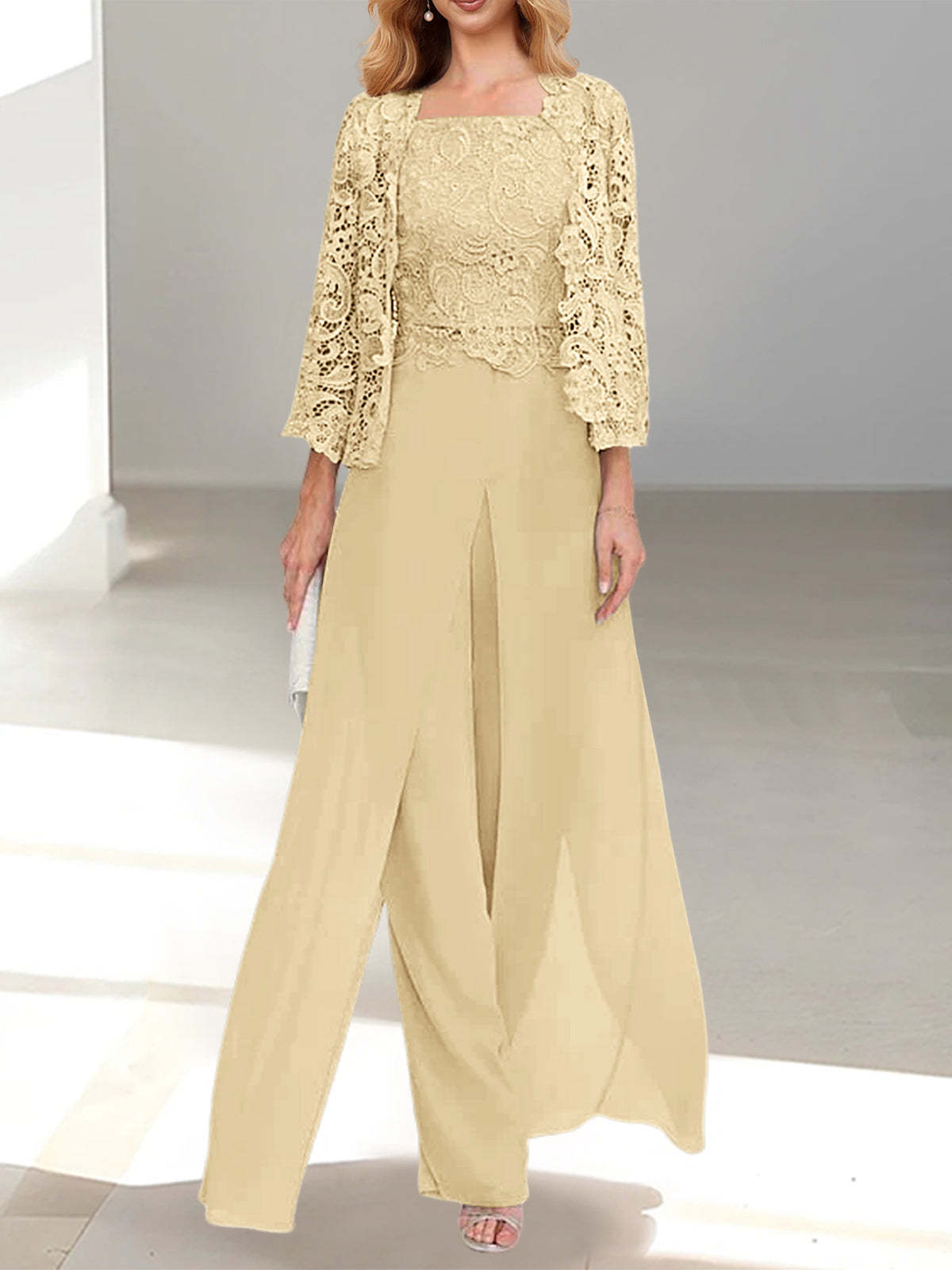 Floor-Length Square Neck Chiffon Mother of the Bride Pantsuit with Jacket & Side Split