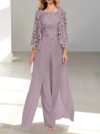 Floor-Length Square Neck Chiffon Mother of the Bride Pantsuit with Jacket & Side Split