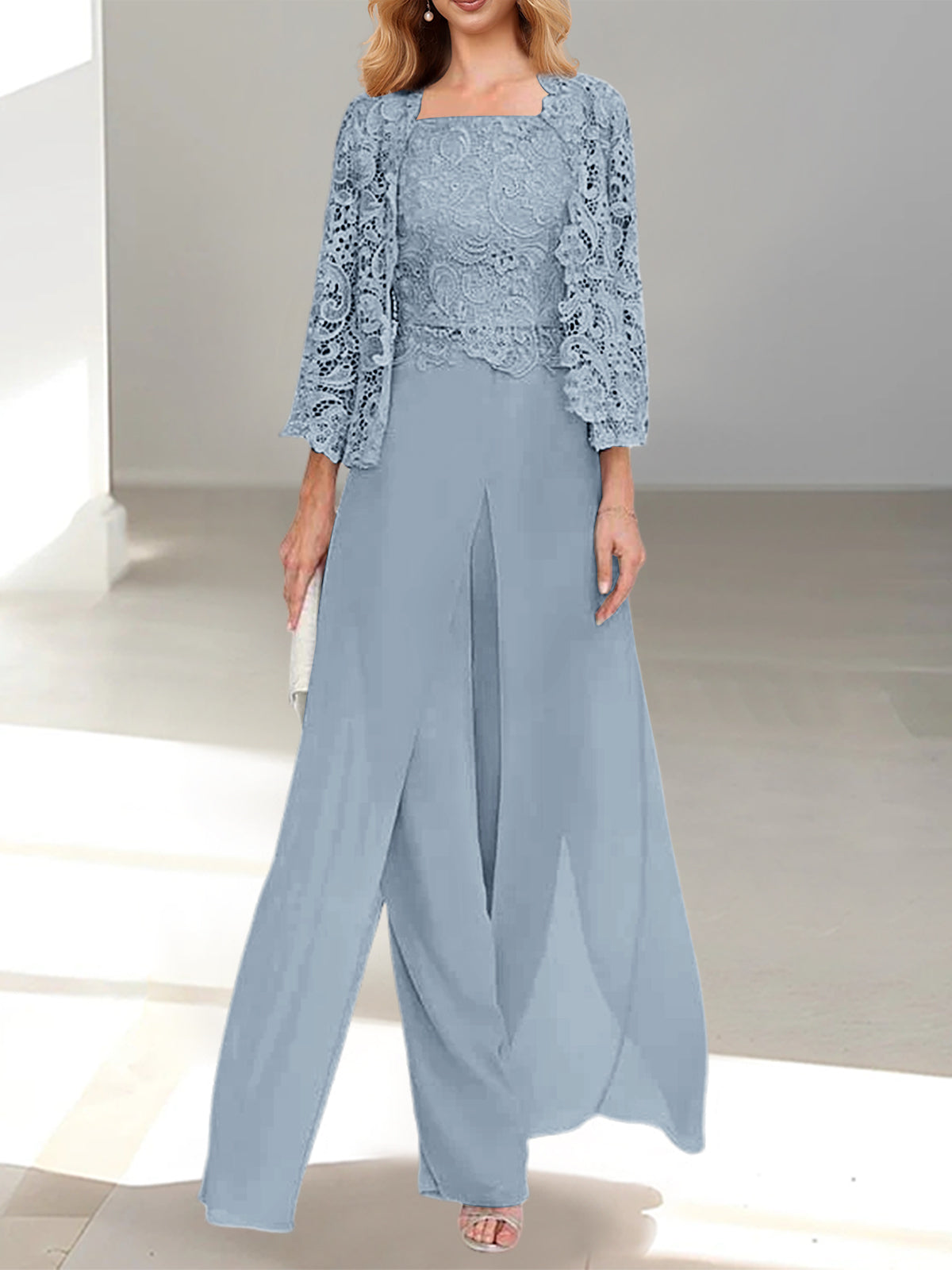 Floor-Length Square Neck Chiffon Mother of the Bride Pantsuit with Jacket & Side Split