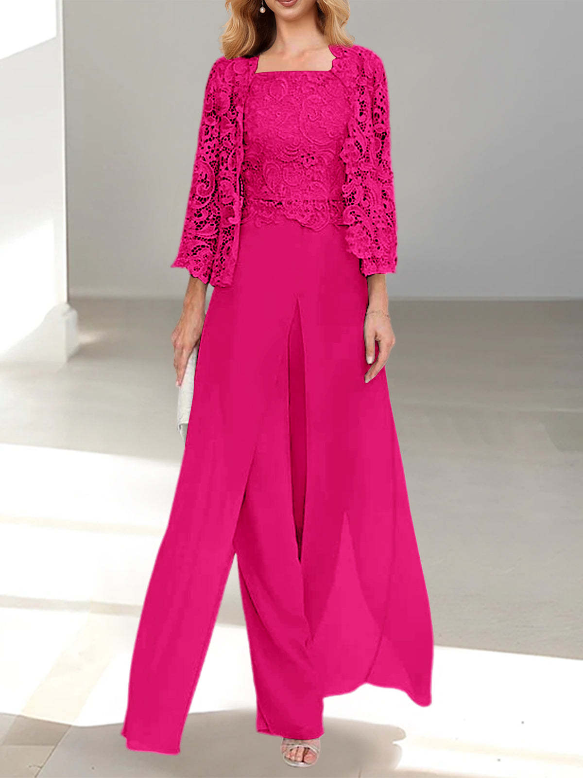Floor-Length Square Neck Chiffon Mother of the Bride Pantsuit with Jacket & Side Split