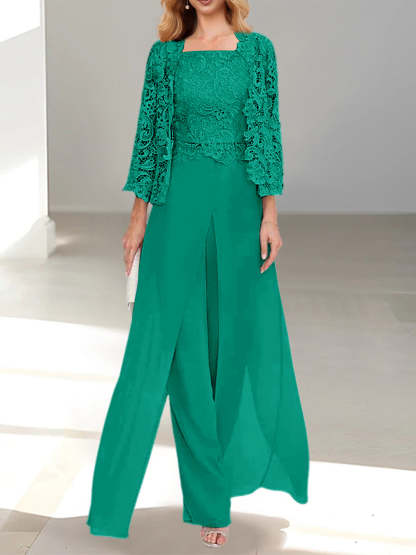 Floor-Length Square Neck Chiffon Mother of the Bride Pantsuit with Jacket & Side Split