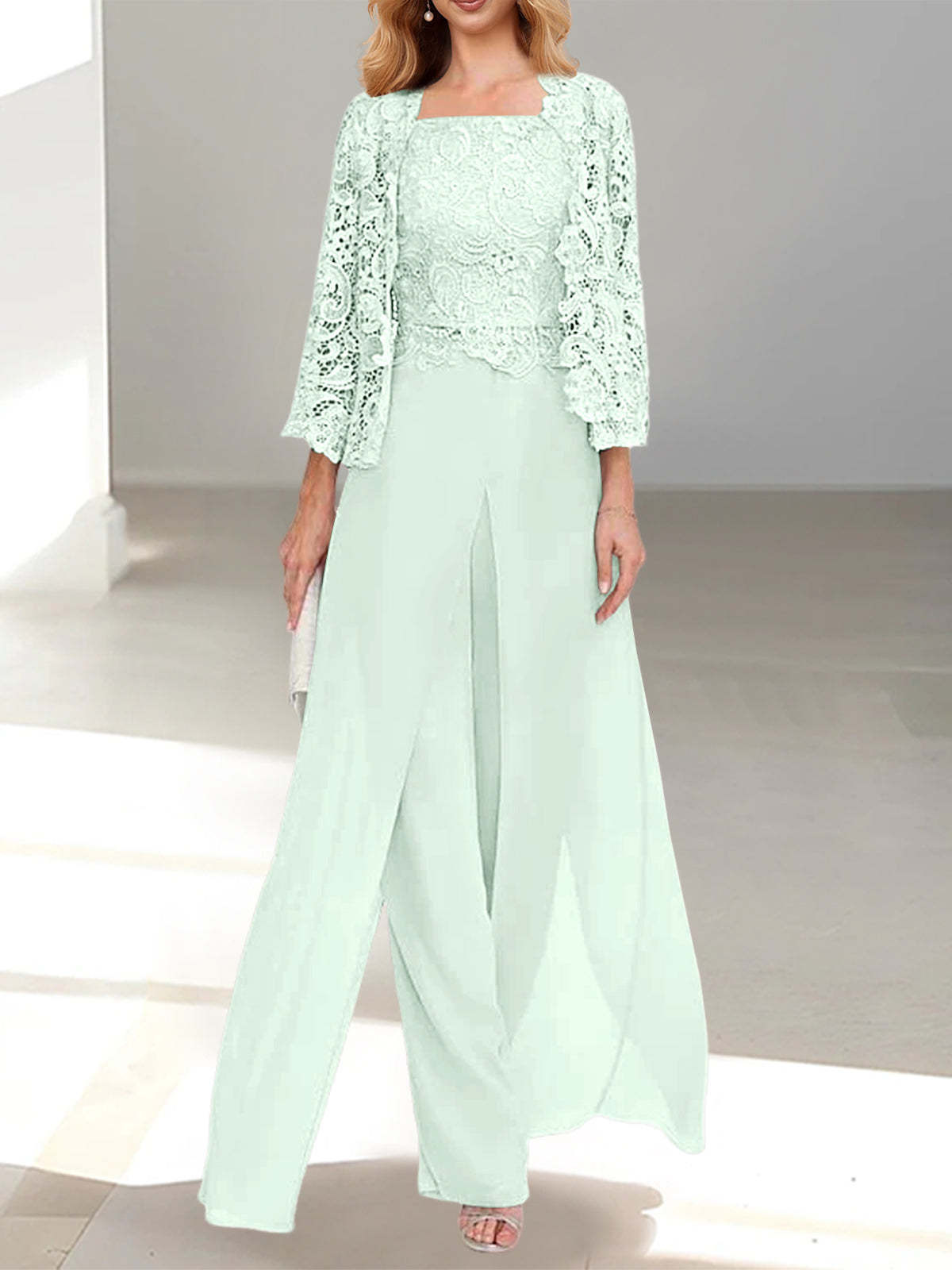 Floor-Length Square Neck Chiffon Mother of the Bride Pantsuit with Jacket & Side Split