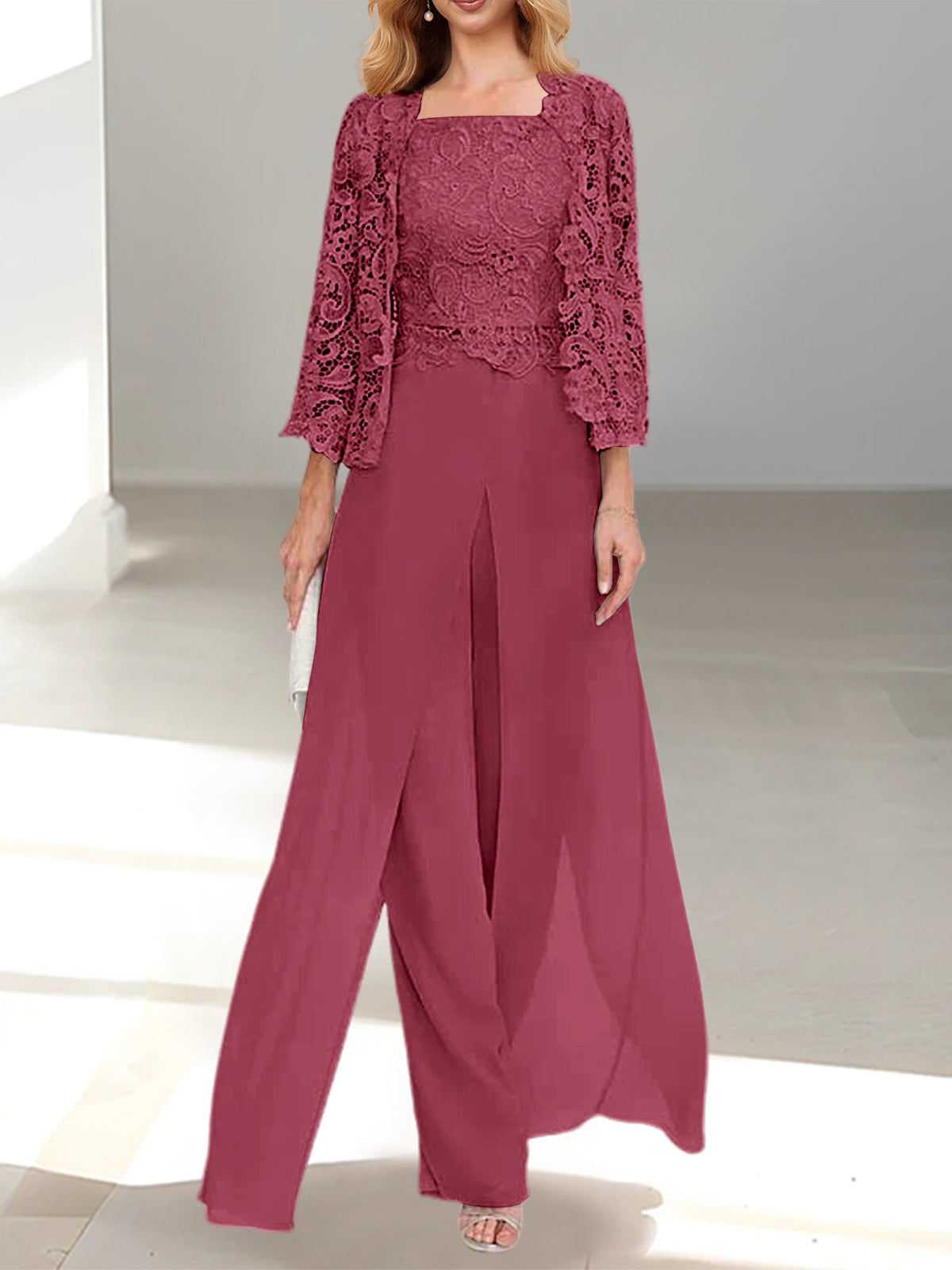 Floor-Length Square Neck Chiffon Mother of the Bride Pantsuit with Jacket & Side Split