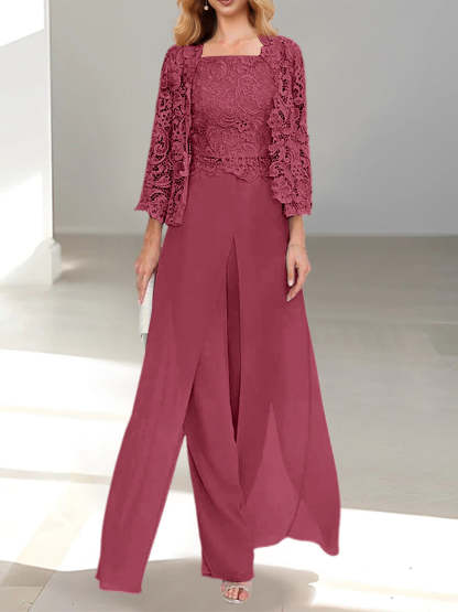 Floor-Length Square Neck Chiffon Mother of the Bride Pantsuit with Jacket & Side Split