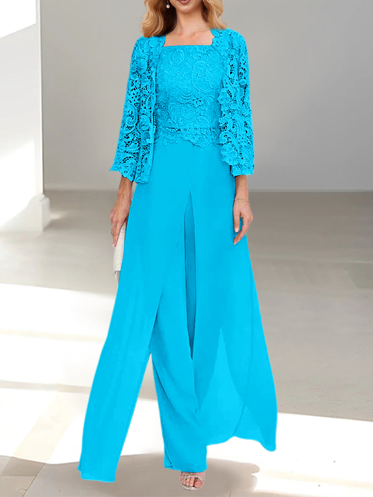Floor-Length Square Neck Chiffon Mother of the Bride Pantsuit with Jacket & Side Split