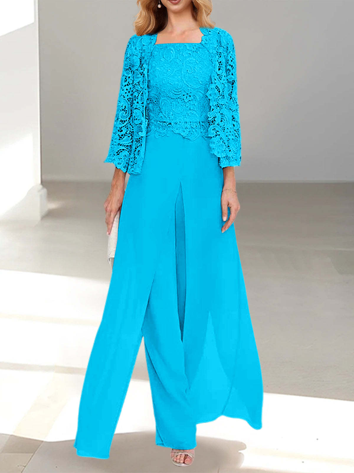 Floor-Length Square Neck Chiffon Mother of the Bride Pantsuit with Jacket & Side Split