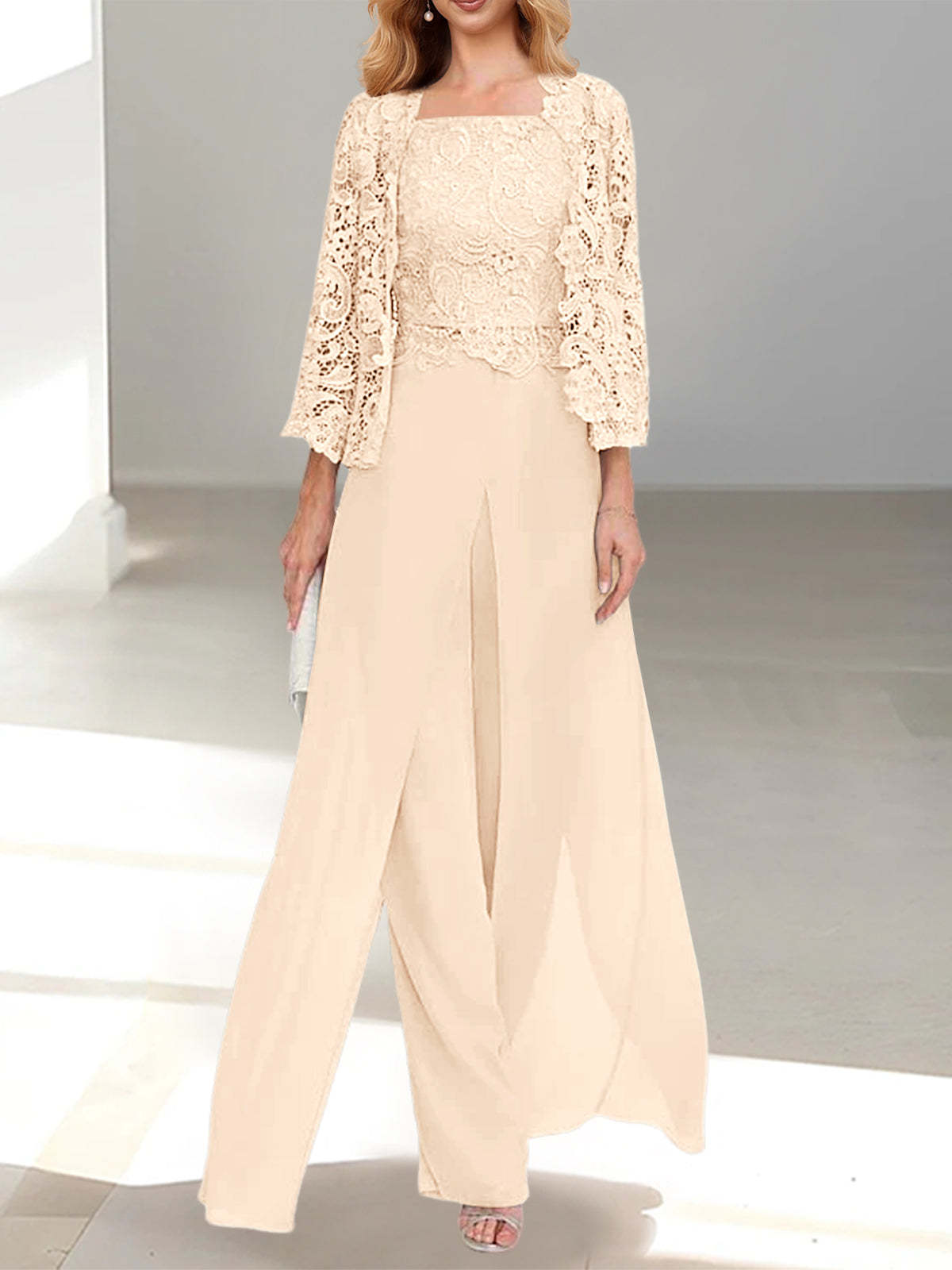 Floor-Length Square Neck Chiffon Mother of the Bride Pantsuit with Jacket & Side Split
